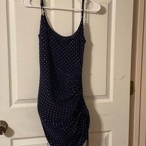 Fitted navy mini dress with rhinestones and adjustable length